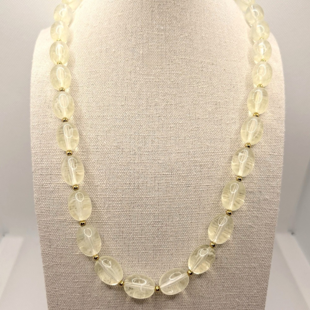 Vintage Joan Rivers Marbled Light Yellow Acrylic Lucite Beads Necklace Gold Tone